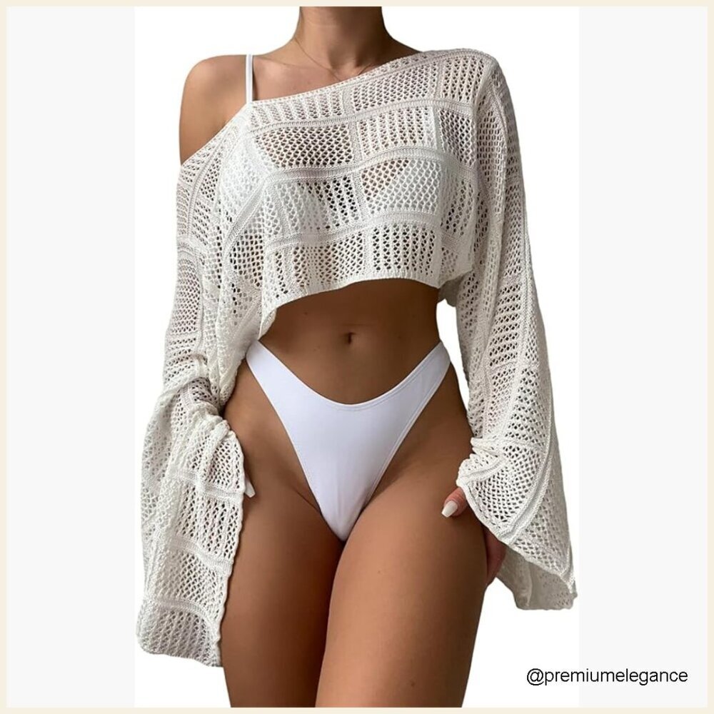 Crochet Long Sleeve Cover Up Sheer Hollow Out Beach Wear